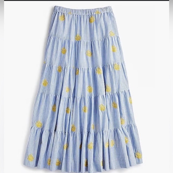 J.Crew Embroidered Pineapple Striped Tiered Midi Skirt Blue White Size XS - Picture 3 of 15